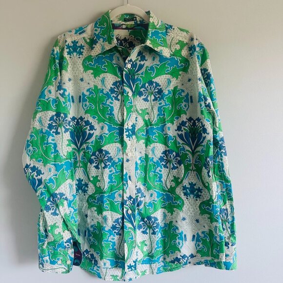 Robert Graham Men’s Paisley Button-Down Shirt Green Blue Lightweight Size Large - Picture 1 of 12